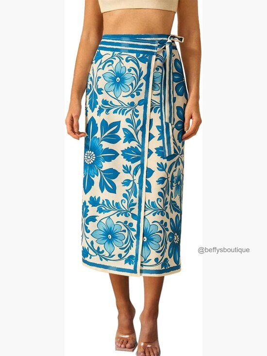 Dresses & Skirts - Floral Wrap Midi Skirt High Waist A-Line Boho Flared Side Tie
